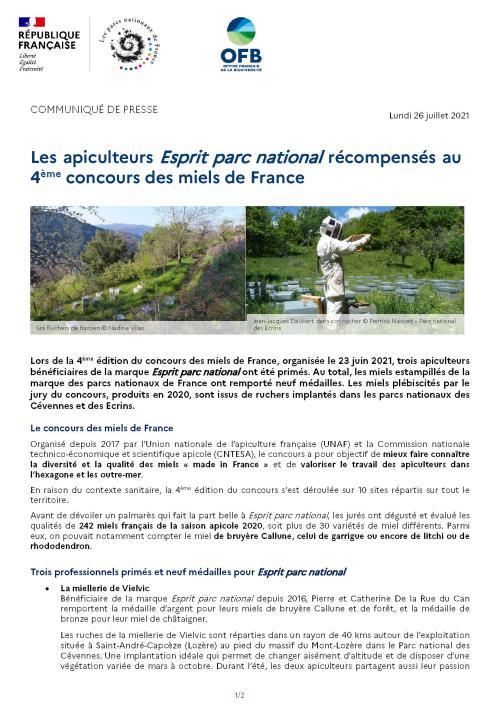 CP Les apiculteurs Esprit parc national récompensés au 4ème concours des miels de France