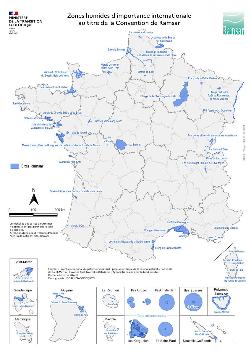 Carte de France des zones humides d'importance internationale au titre de la Convention de Ramsar