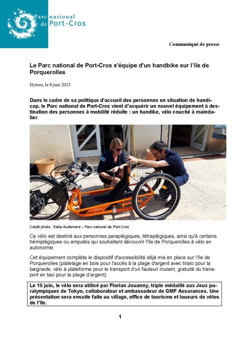 Le Parc national de Port-Cros s'équipe d'un handbike sur l’île de Porquerolles