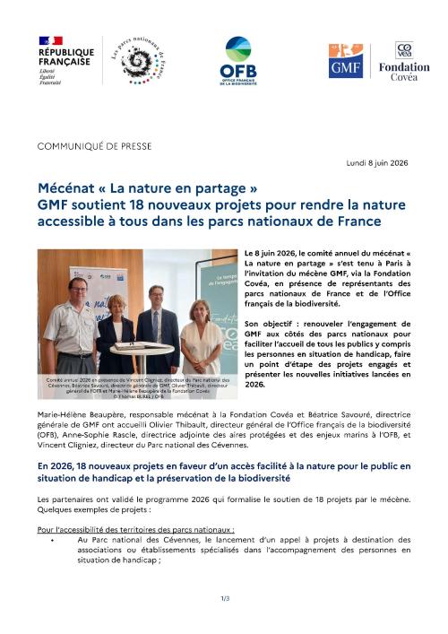 CP Mécénat « La nature en partage » GMF soutient 18 nouveaux projets pour rendre la nature accessible à tous dans les parcs nationaux de France