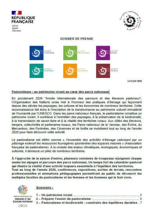 Couverture du dossier de presse pastoralisme et parcs nationaux
